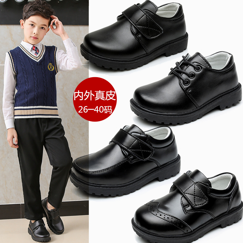 Spring and Autumn Boys and Girls Students Black Leather Shoes Genuine Leather Children's Shoes Middle and Large Children's Cowhide Shoes Baby Velcro