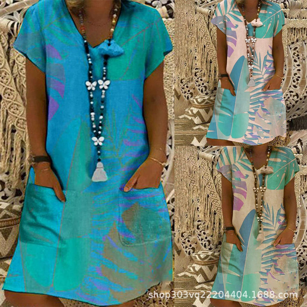 2023 желание AliExpress Amazon популярное платье миди с короткими рукавами и цифровой печатью осень-лето с V-образным вырезом