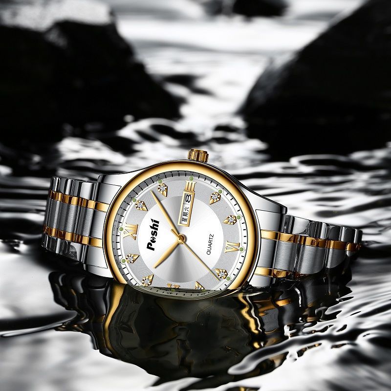 Transmisión en vivo transfronteriza nuevo reloj de cuarzo para hombre, luminoso a prueba de agua, doble calendario, esfera grande, reloj de acero inoxidable para hombre