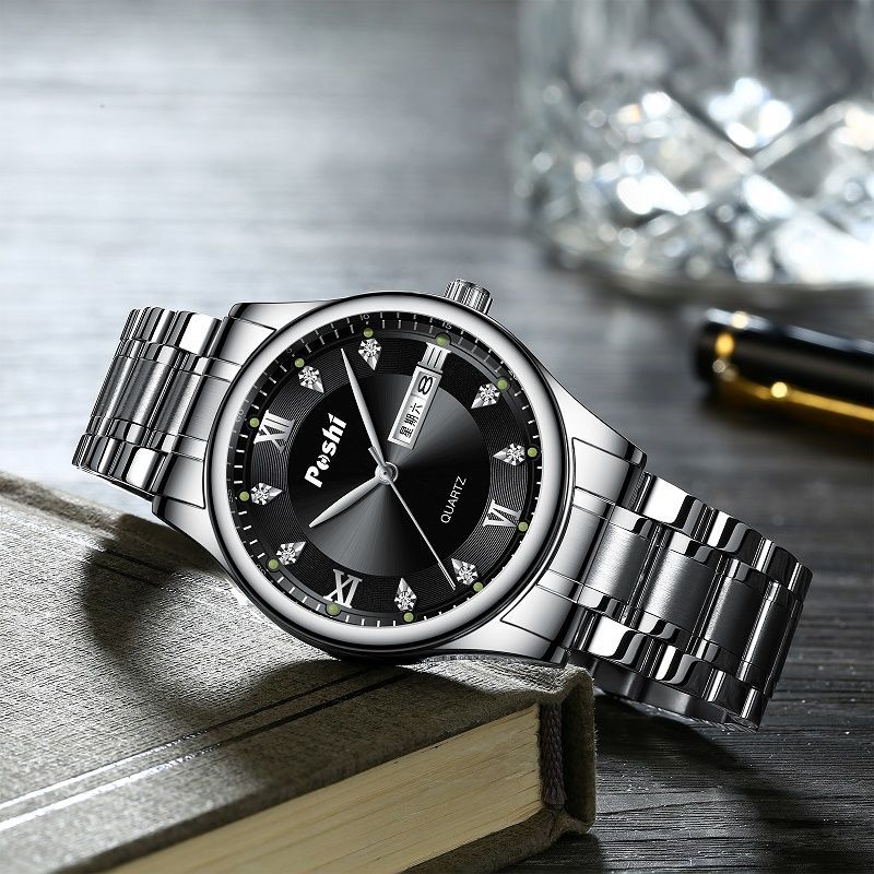 Transmisión en vivo transfronteriza nuevo reloj de cuarzo para hombre, luminoso a prueba de agua, doble calendario, esfera grande, reloj de acero inoxidable para hombre