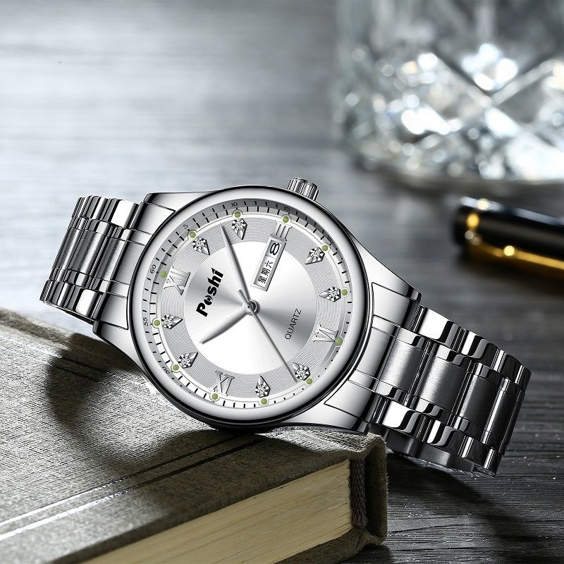 Transmisión en vivo transfronteriza nuevo reloj de cuarzo para hombre, luminoso a prueba de agua, doble calendario, esfera grande, reloj de acero inoxidable para hombre