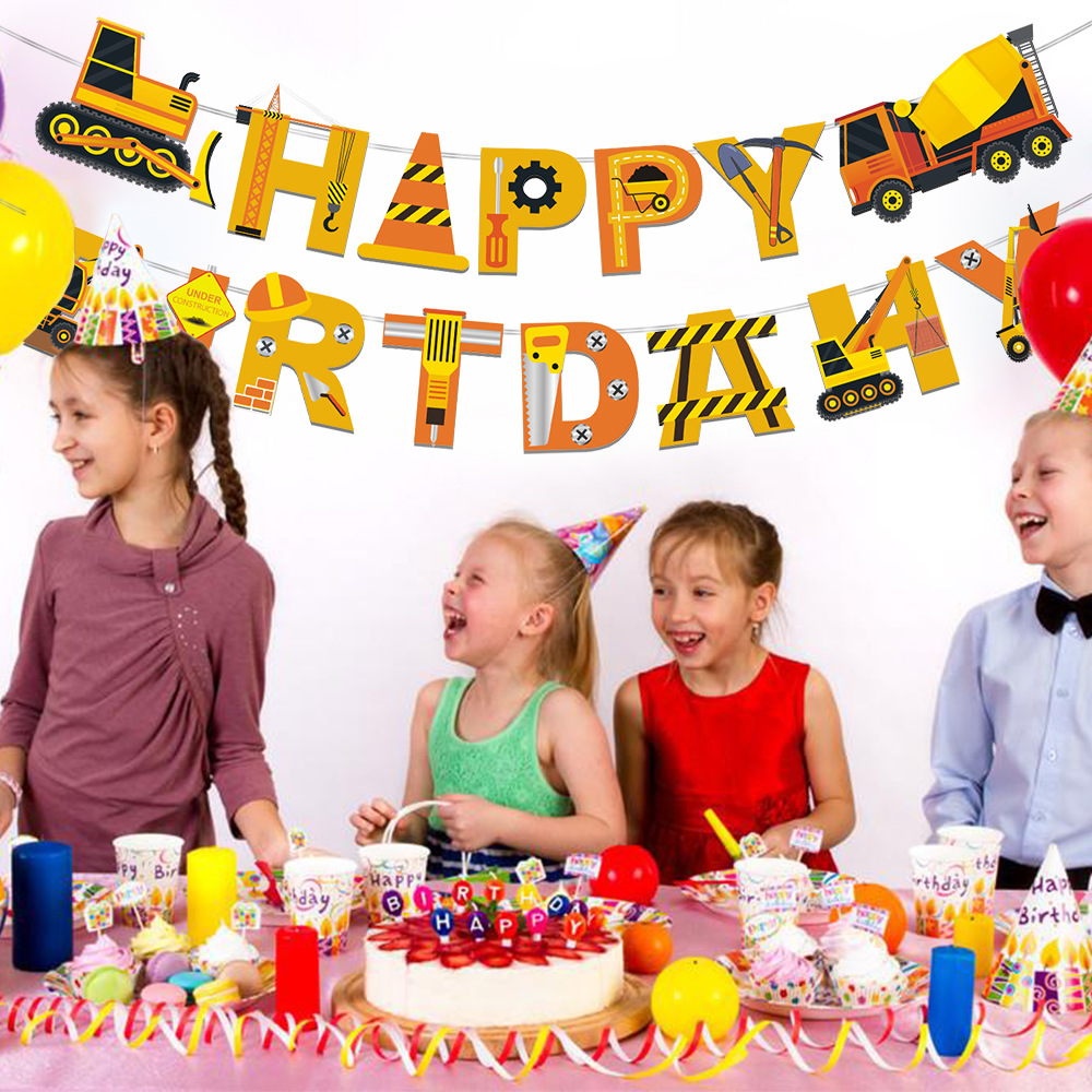 Tema de dibujos animados fiesta cumpleaños tirar de la bandera vehículo de ingeniería feliz birthday cumpleaños dinosaurio camión de bomberos banner