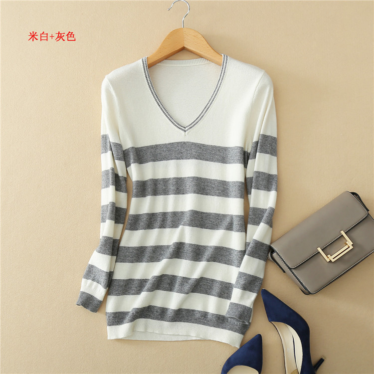 Special wholesale foreign trade V-neck pullover 30% cashmere 70% wool sweater high quality striped long sleeve fabric sweater