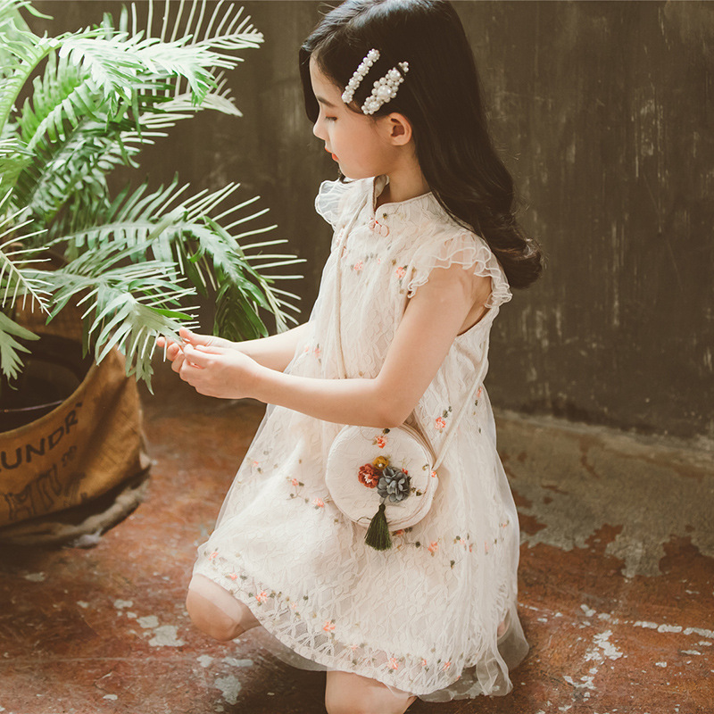 连衣裙2025新款民族风童裙女童夏装旗袍裙中大童儿童蕾丝一件代发