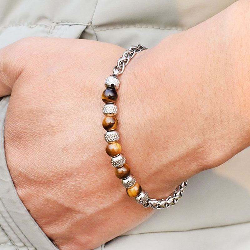 Stainless Steel Adjustable 6mm Tiger Eye Bracelet European and American Men's Bracelet Cross-border New Metal Chain Bracelet Stainless Steel Adjustable 6mm Tiger Eye Bracelet European and American Men's Bracelet Cross-border New Metal Chain Bracelet