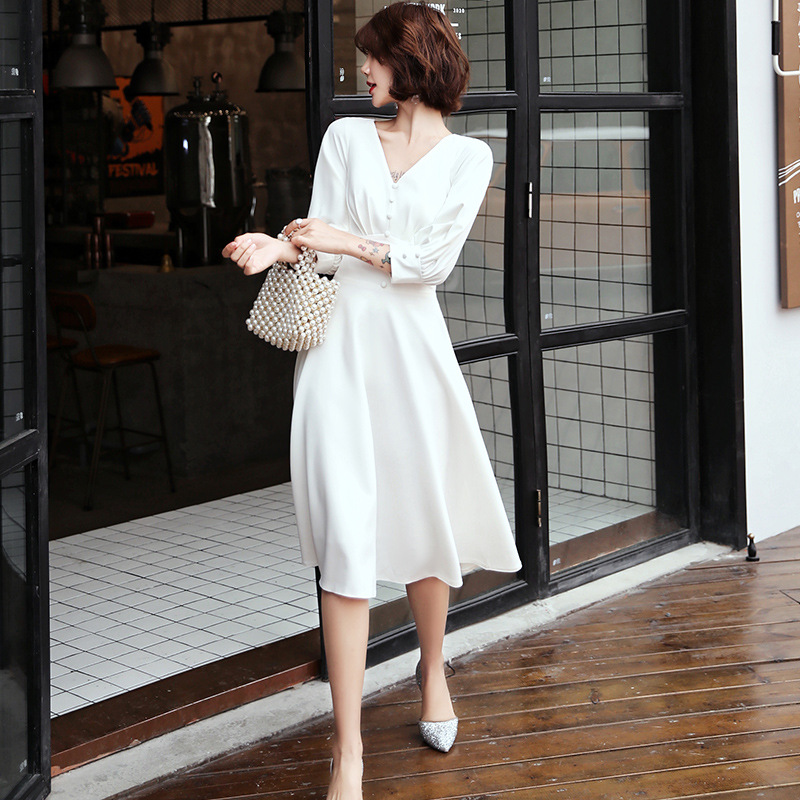 Vestido de noche blanco para mujer, nuevo estilo 2026, aura regale, elegante vestido de satén apto para uso diario y banquetes, estilo francés. image 5