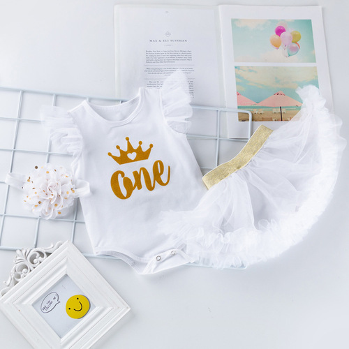 Newborn Baby Girl Birthday Outfit Sleeveless Bodysuit Bottoms Dress Set Infants and Toddlers First Birthday Gift Set Three-Piece Set Wholesale