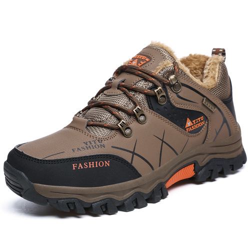 Autumn and winter men's shoes, hiking shoes, cotton shoes, low-cut leather and velvet, thickened and warm, large size, cross-border outdoor hiking and cross-country shoes