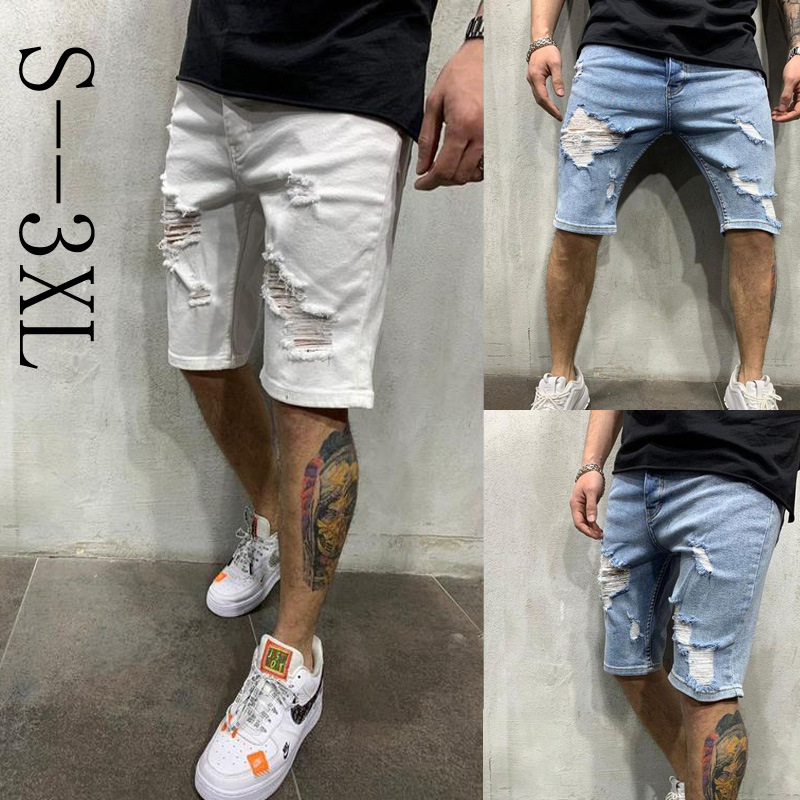 2021 Wish Amazon Hot-Selling Ripped Denim Shorts European and American Style White Tight-Fitting Mid-Length Pants Trendy Men's Pants Washed 2021 Wish Amazon Hot-Selling Ripped Denim Shorts European and American Style White Tight-Fitting Mid-Length Pants Trendy Men's Pants Washed
