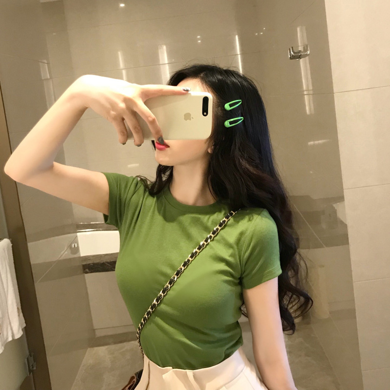 Camiseta verde aguacate de manga corta para mujer, estilo coreano, ajustada, color liso, novedad de verano 2026, top verde matcha, venta al por mayor image 8