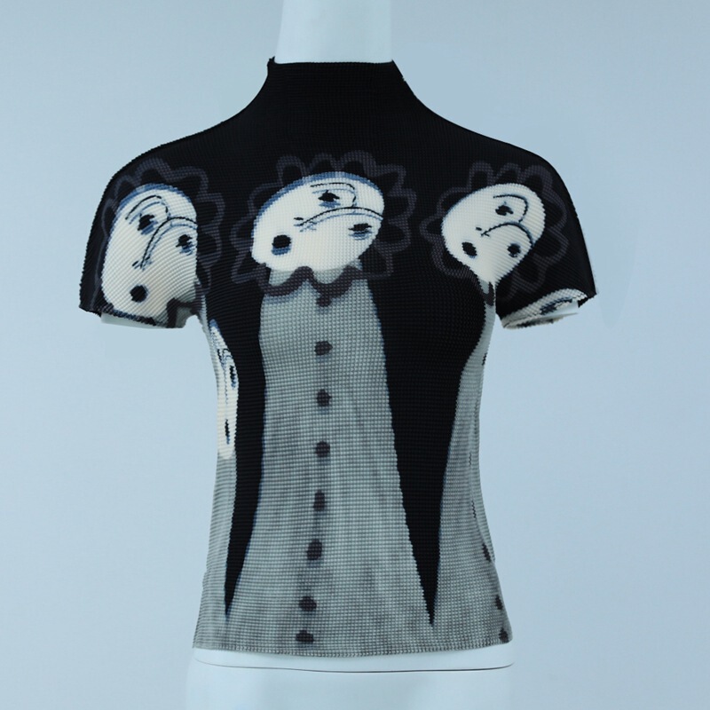 Pleated Tops for Women Spring and Summer New Style Printed Elegant High Collar Slim Fit Miyake T-Shirt Women's Fashionable Small Shirt 1006
