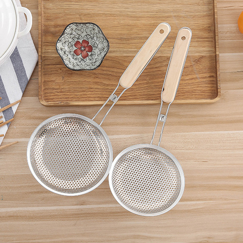 Household stainless steel colander, small hole frying spoon, wooden handle, filter drain, multi-specification, hanging oil grid