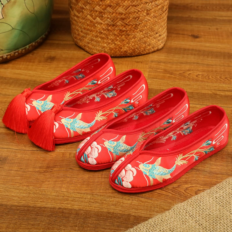 Обувь невесты ручной работы вышитые свадебные туфли красные туфли Xiuhe на тысячной подошве китайские туфли на плоской подошве для женщин поколение волос