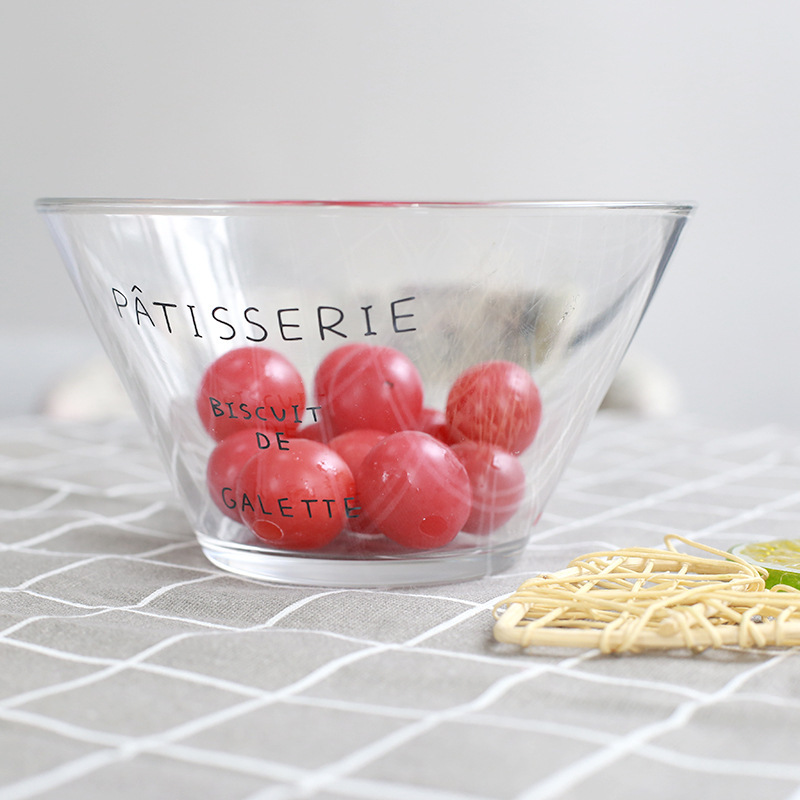 Japanese Household Transparent English French Letter Fruit Bowl Large Large Capacity Dessert Bowl Glass Salad Bowl Ins