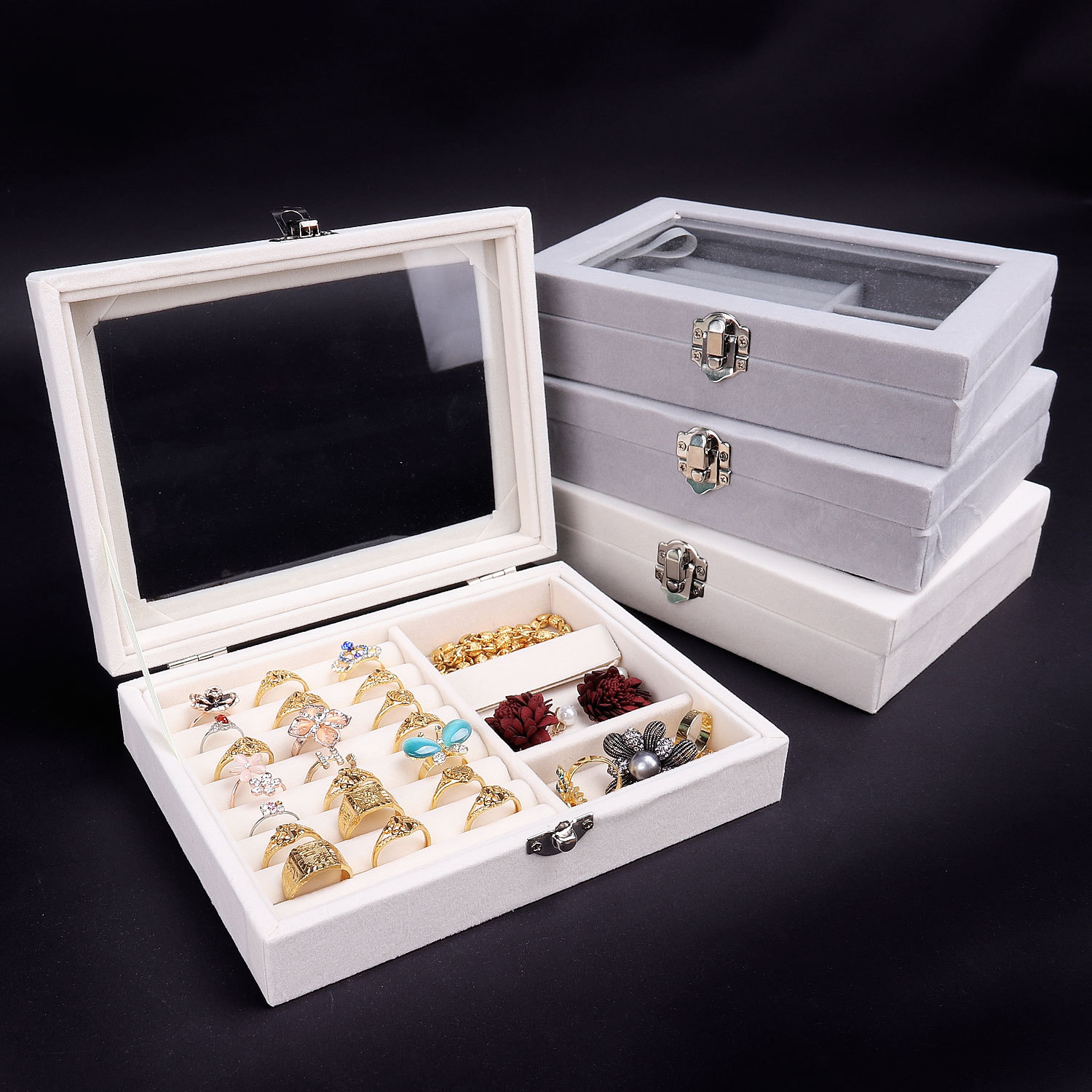 Transparent Jewelry Box with Window, Suede Multi-Compartment Storage Box, Jewelry Necklace Display Box, Manufacturer Wholesale, Window Design