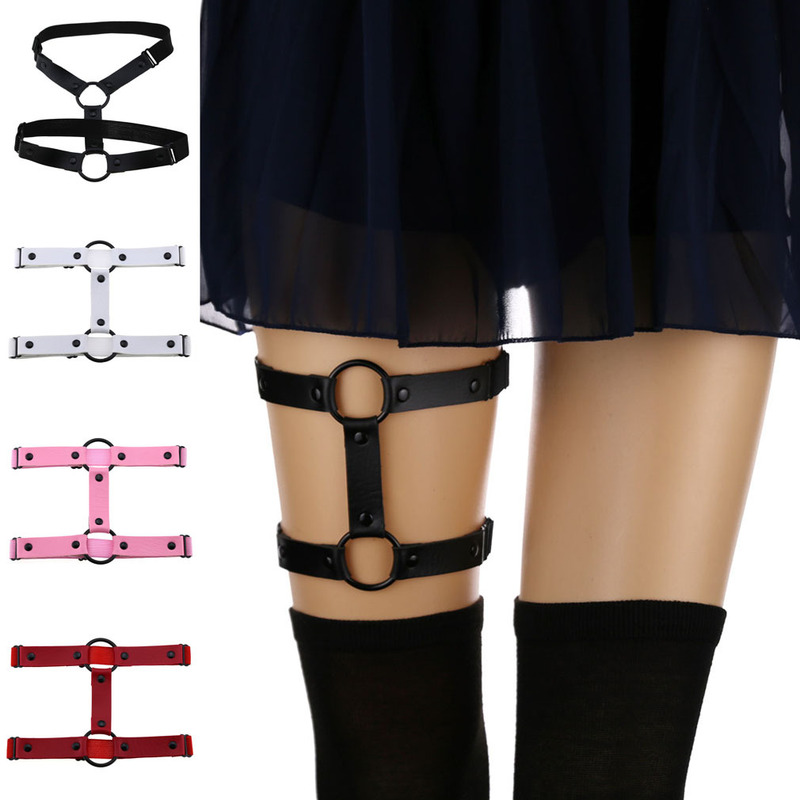 European and American Harajuku Punk Street Nightclub Bar Sexy Hard Girl Pu Leather Round Thigh Ring Anklet Double Row Garter Belt