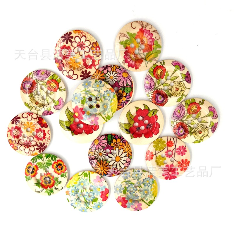 Botones de madera pintados de 30mm Botones de borde ancho de flores pintados de madera 50 pc/paquete