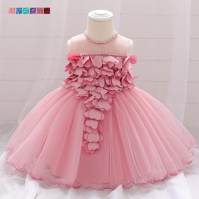 2024 cross-border baby dress three-dimensional petals one-year-old wash dress baby girl 100 days full moon wedding princess dress