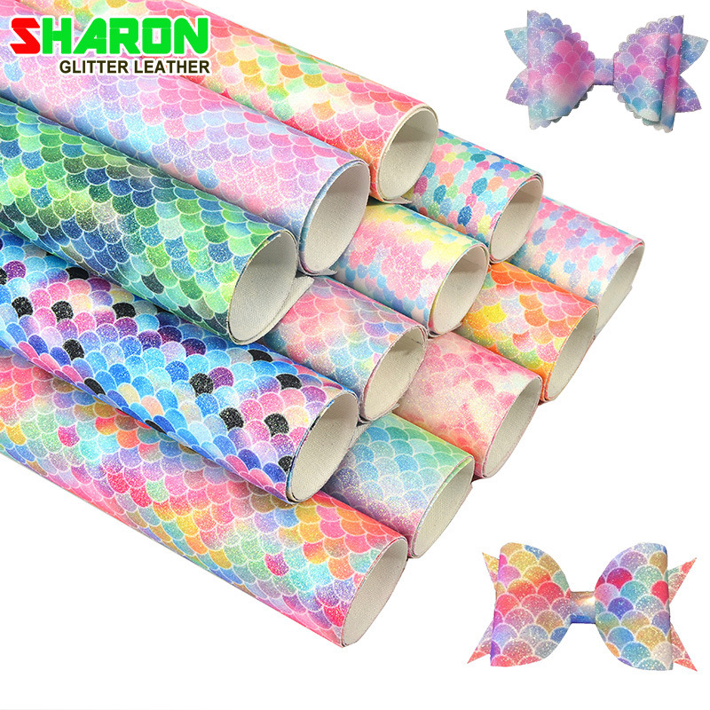 厂家直销现货美人鱼格利特PU闪光鱼鳞印花渐变彩虹蝴蝶结箱包皮革