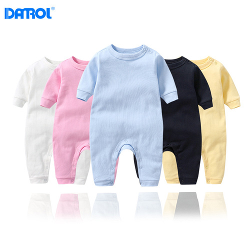 Spring and Autumn infants and young children pure color shoulder button long-sleeved harem clothes for men and women baby cotton one-piece long-legged rompers factory direct sales