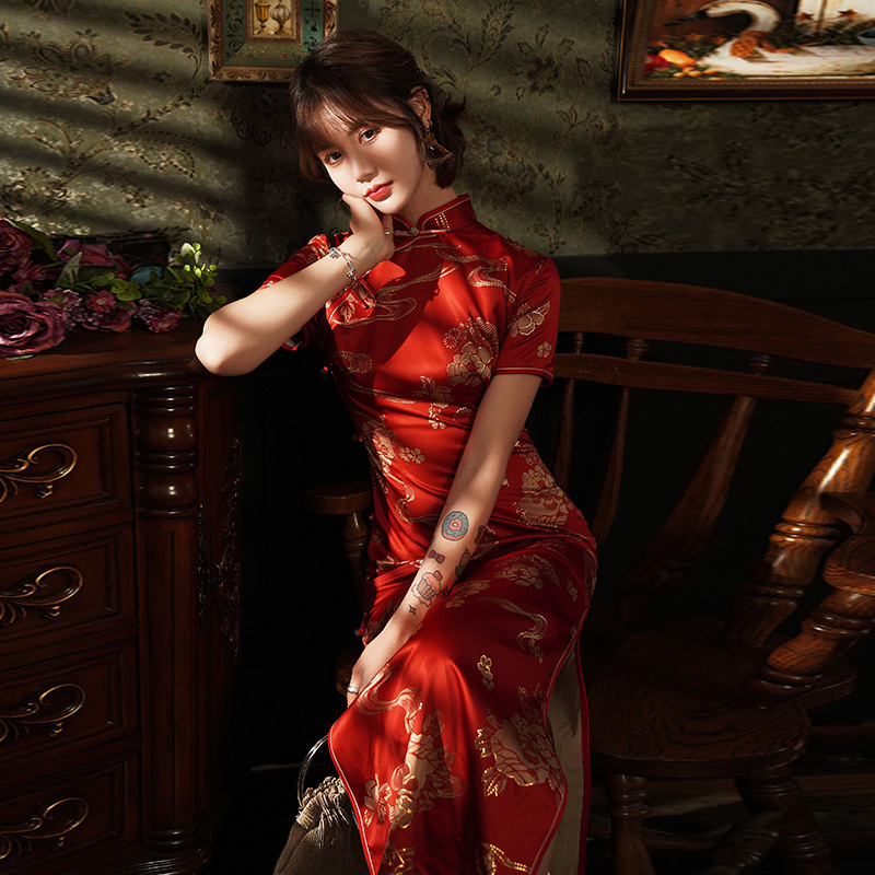 红色改良版旗袍年轻款气质少女老上海复古性感开叉中国风现代长款
