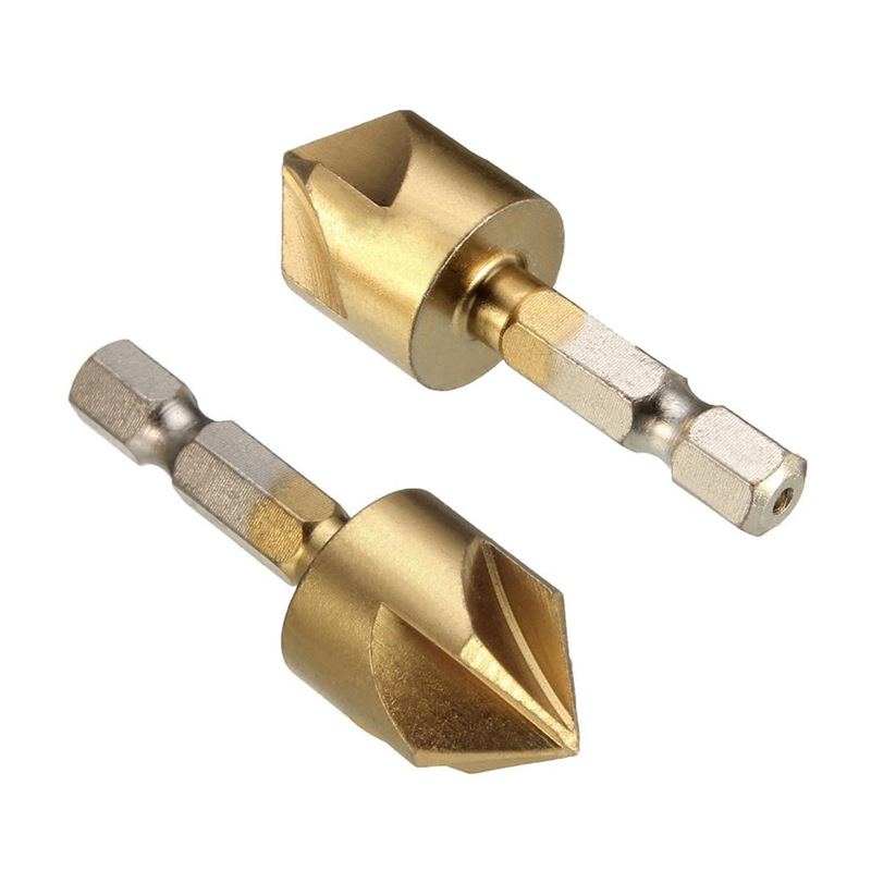 Juego de herramientas de biselado de cinco cuchillas para carpintería, superventas transfronterizo, con vástago hexagonal y cortador de biselado recubierto de titanio, herramienta de desbarbado para brocas de carpintería.