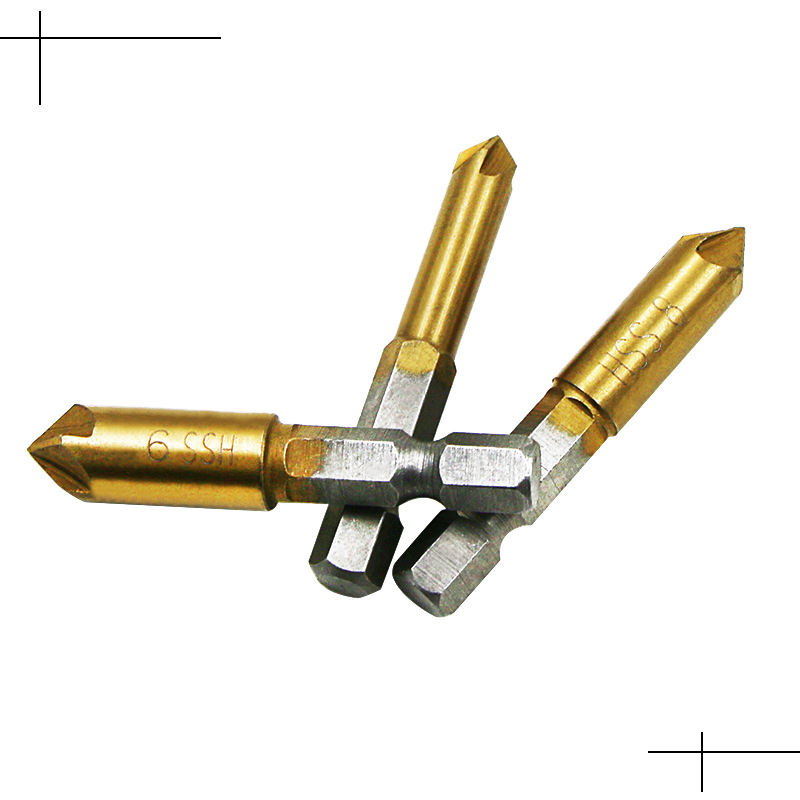 Juego de herramientas de biselado de cinco cuchillas para carpintería, superventas transfronterizo, con vástago hexagonal y cortador de biselado recubierto de titanio, herramienta de desbarbado para brocas de carpintería.