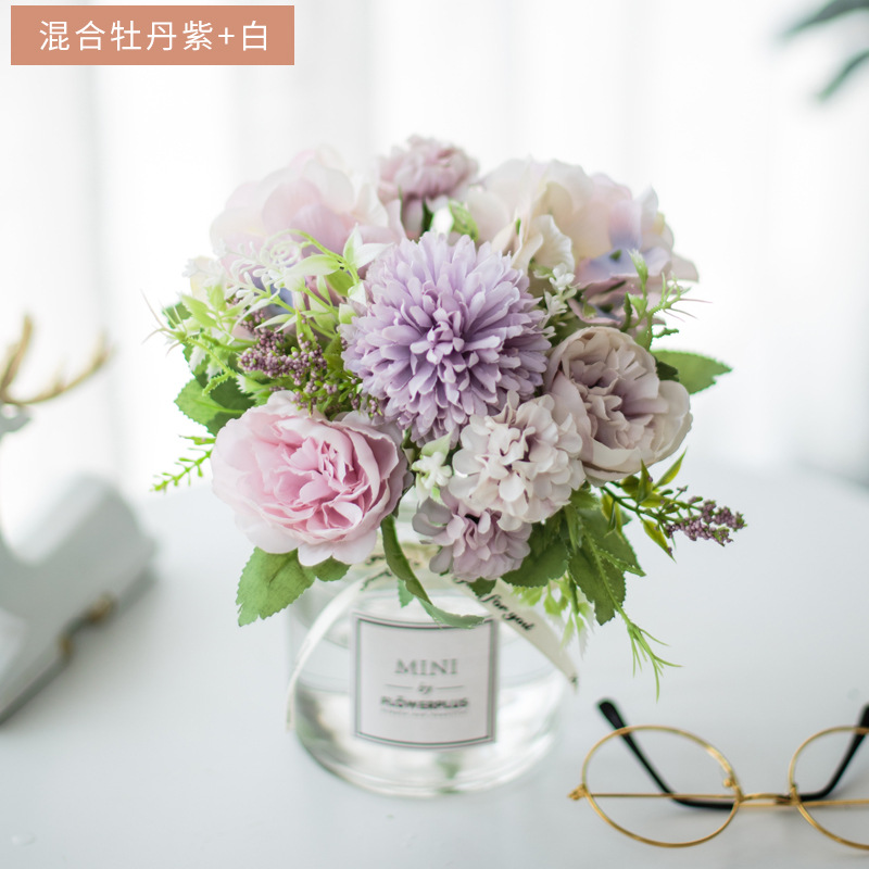 Traje de flor artificial florero de vidrio Rosa artificial planta olla decoración del hogar falso maceta