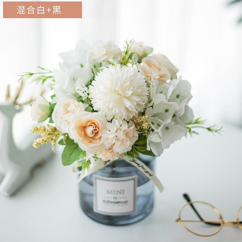 Traje de flor artificial florero de vidrio Rosa artificial planta olla decoración del hogar falso maceta