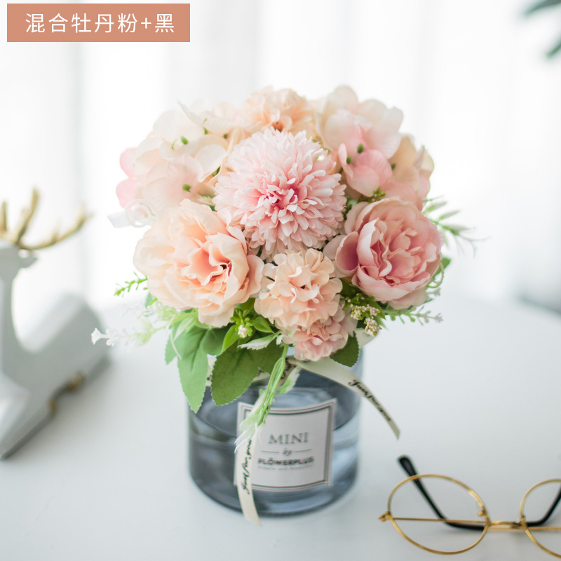 Traje de flor artificial florero de vidrio Rosa artificial planta olla decoración del hogar falso maceta