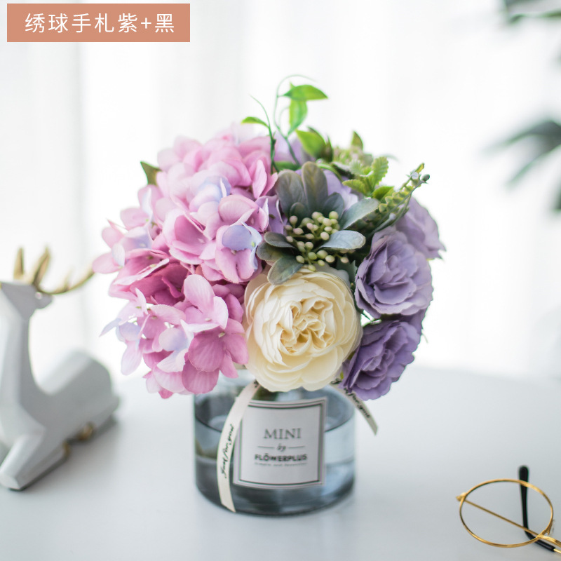 Traje de flor artificial florero de vidrio Rosa artificial planta olla decoración del hogar falso maceta