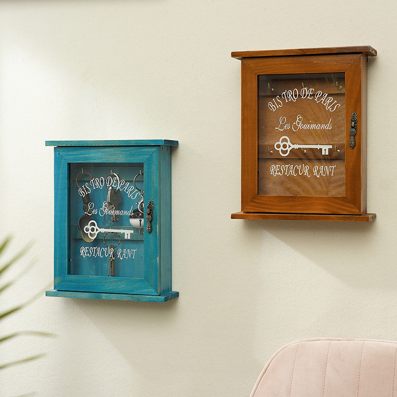 Caja de almacenamiento de llaves montada en la pared de madera para el hogar caja de almacenamiento vintage a prueba de polvo con puerta Red gancho de almacenamiento de llaves Rojas