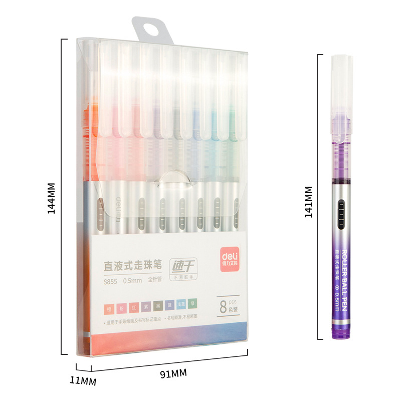 Deli S855 color líquido recta pluma recta bolígrafo líquido gel pluma 0,5mm firma pluma para estudiantes 8 colores/caja