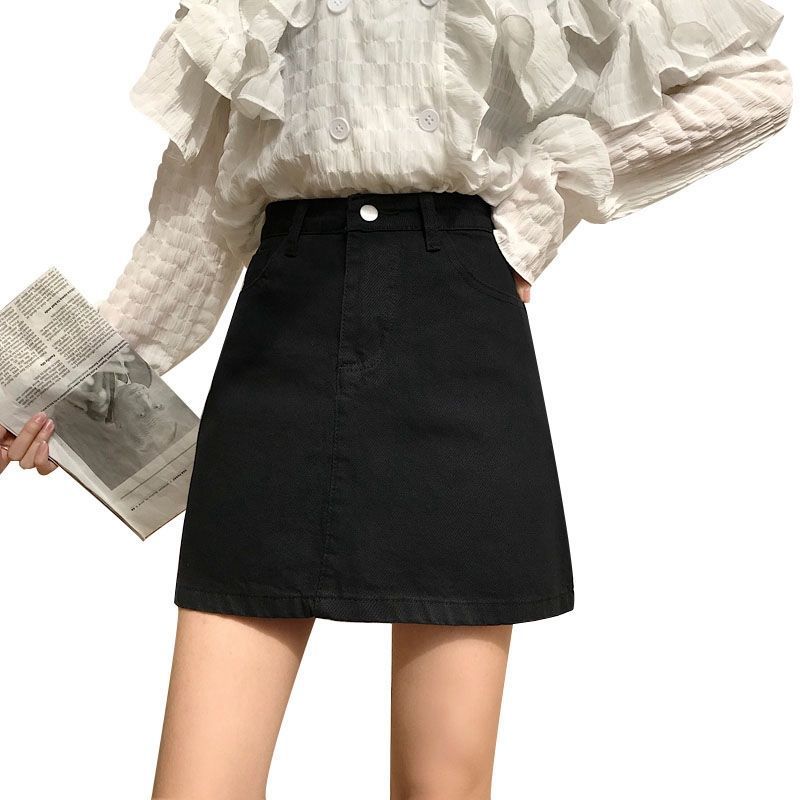 ins Black Denim Skirt Women's 2020 New Spring and Summer Korean-style All-match High Waist A- line Hip Denim Skirt Women