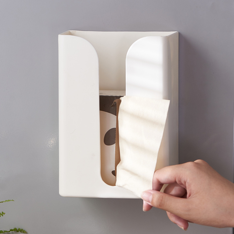Caja de pañuelos montada en la pared estante de papel de cocina gabinete estante de tejido adhesivo libre de perforaciones colgando caja de almacenamiento de tejidos