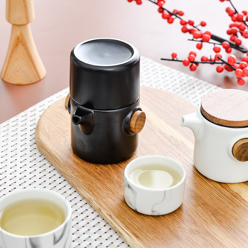 Juego de Té de Viaje Portátil 1 Tetera 2 Tazas de Cerámica y Madera para Exteriores