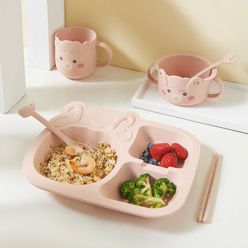 Baby dinosaur tableware 6-piece set children's dinner plate compartment household creative cartoon fall-resistant environmentally friendly wheat bowl cup