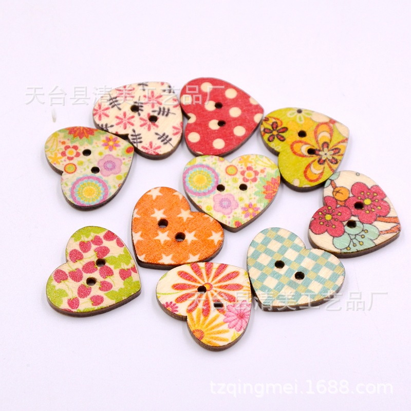 25mm madera contrachapada impresión melocotón corazón DIY impresión decorativa madera amor botón