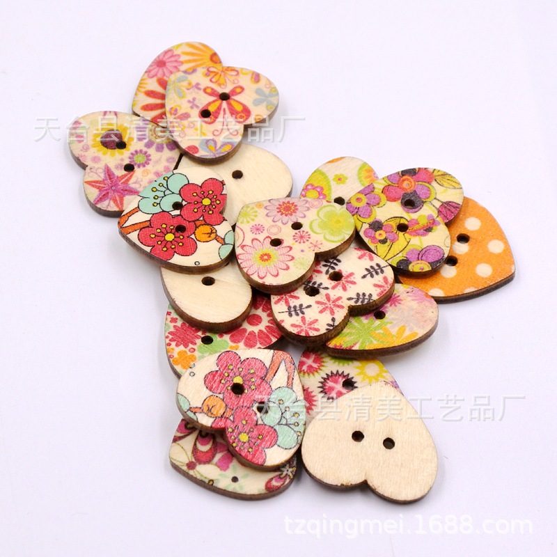 25mm madera contrachapada impresión melocotón corazón DIY impresión decorativa madera amor botón