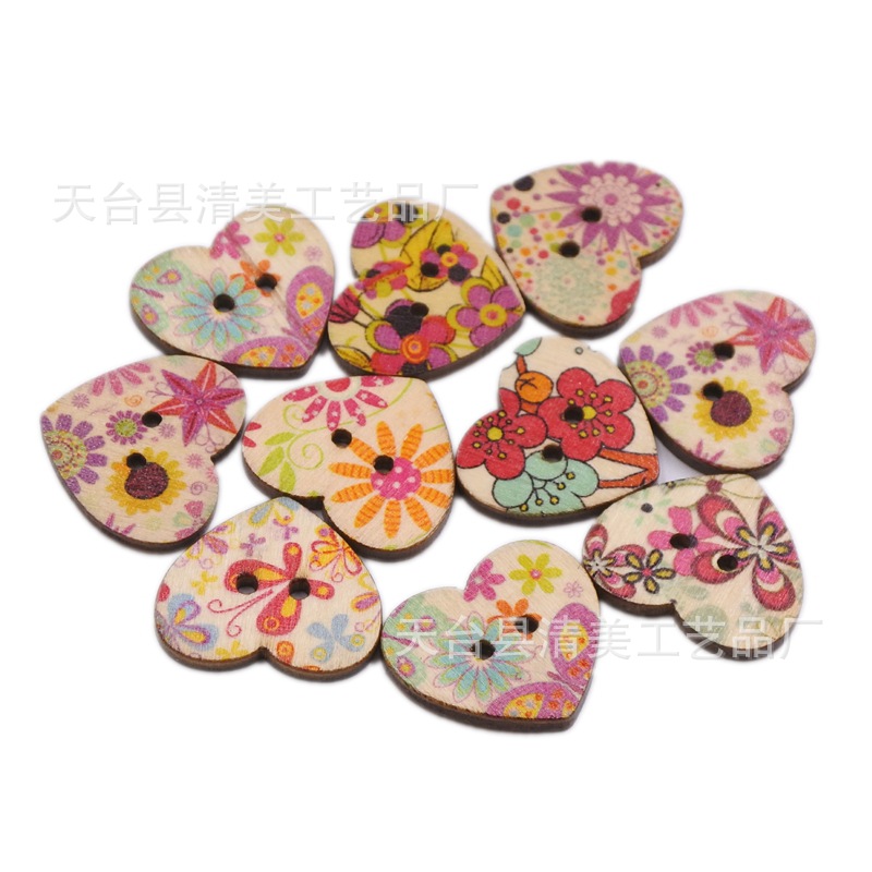 25mm madera contrachapada impresión melocotón corazón DIY impresión decorativa madera amor botón