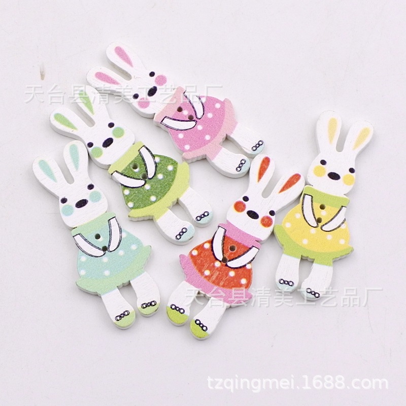 19*45mm fondo blanco impresión de 6 colores botones de conejito decoración de madera conejito lindo hecho a mano