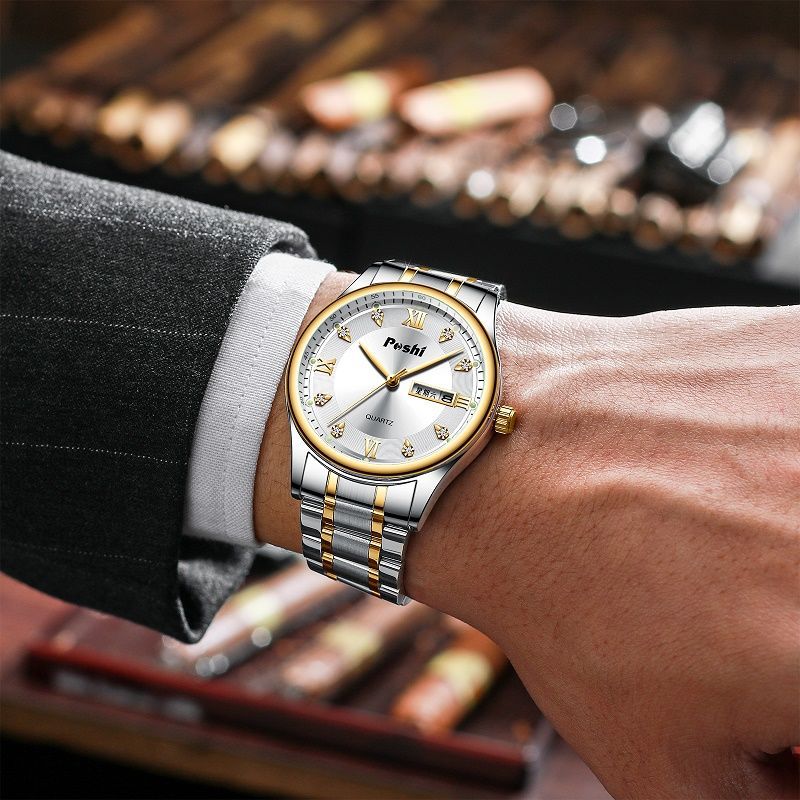 Transmisión en vivo transfronteriza nuevo reloj de cuarzo para hombre, luminoso a prueba de agua, doble calendario, esfera grande, reloj de acero inoxidable para hombre