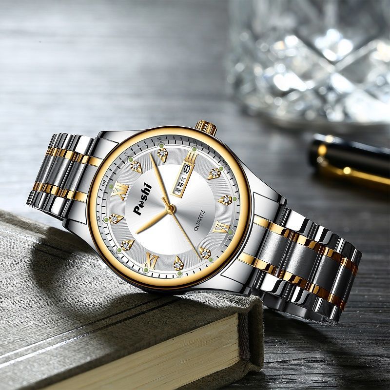 Transmisión en vivo transfronteriza nuevo reloj de cuarzo para hombre, luminoso a prueba de agua, doble calendario, esfera grande, reloj de acero inoxidable para hombre