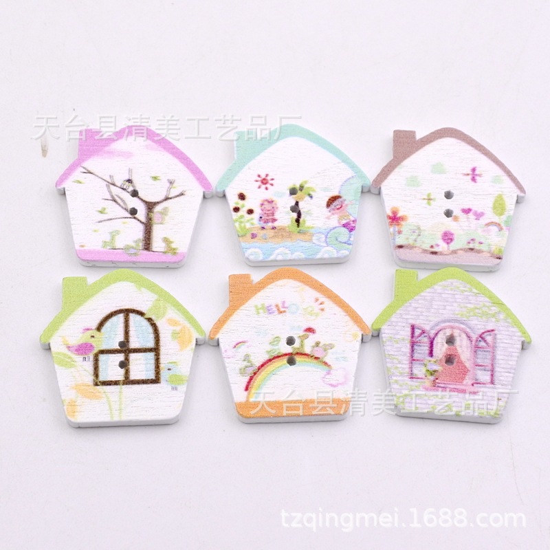 25mm * 26mm bricolaje linda casa con dos ojos botones de madera decorados a mano botones pintados de casa