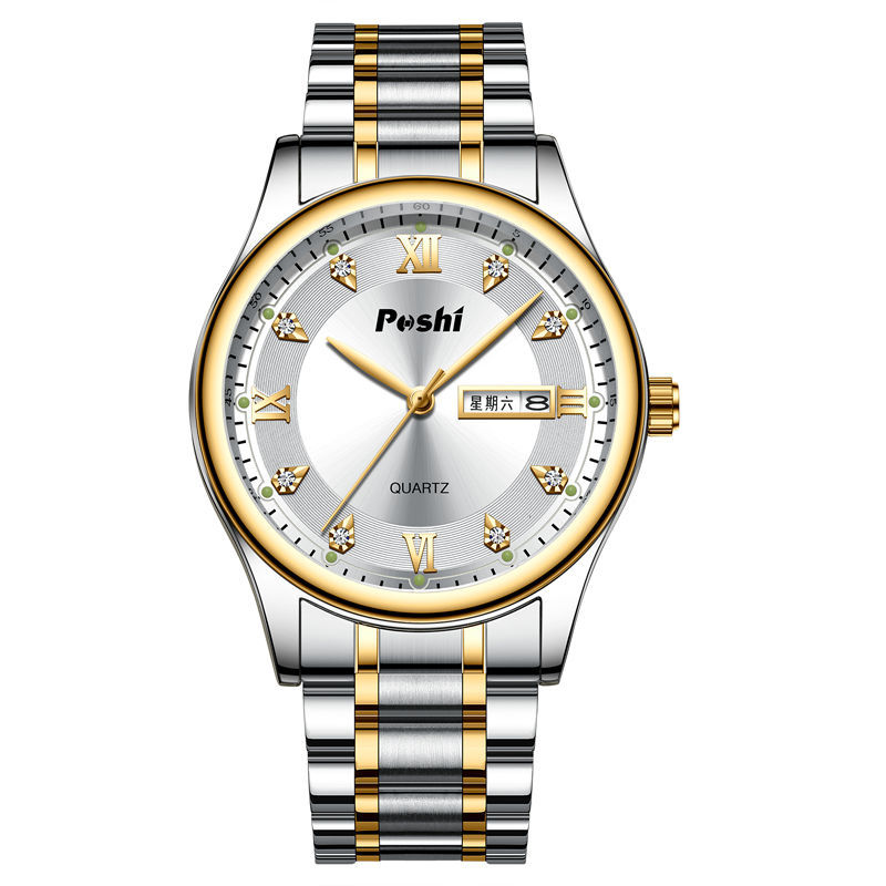 Transmisión en vivo transfronteriza nuevo reloj de cuarzo para hombre, luminoso a prueba de agua, doble calendario, esfera grande, reloj de acero inoxidable para hombre