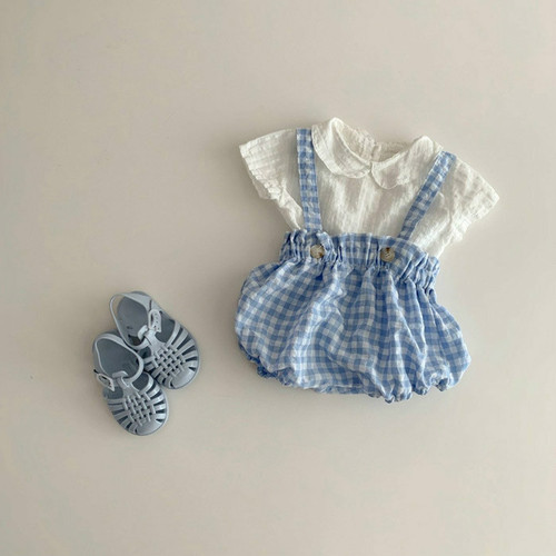 Summer fashionable and cute overalls for boys and girls, triangle harem baby casual plaid rompers, thin Korean style