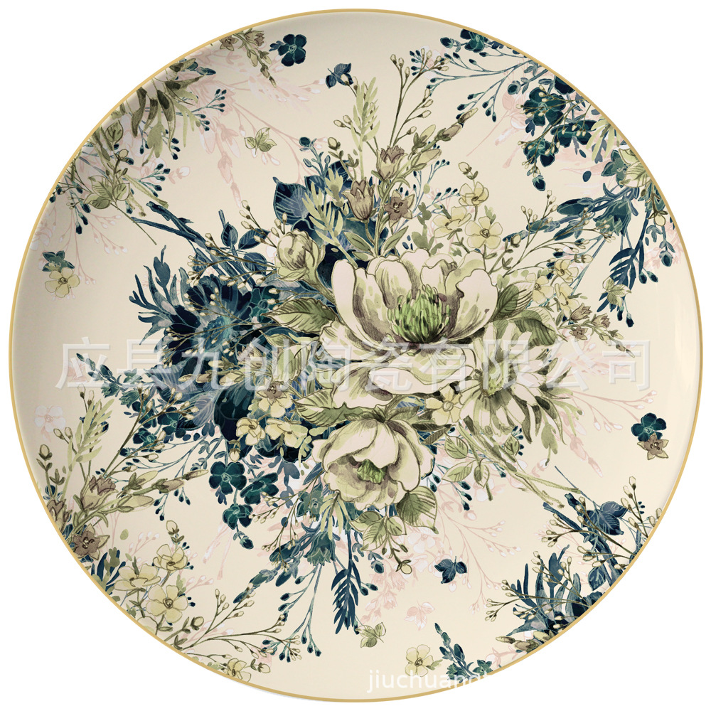 Plato de cerámica estilo chino, plato creativo retro floral de estilo occidental con borde dorado, plato de repostería de estilo occidental