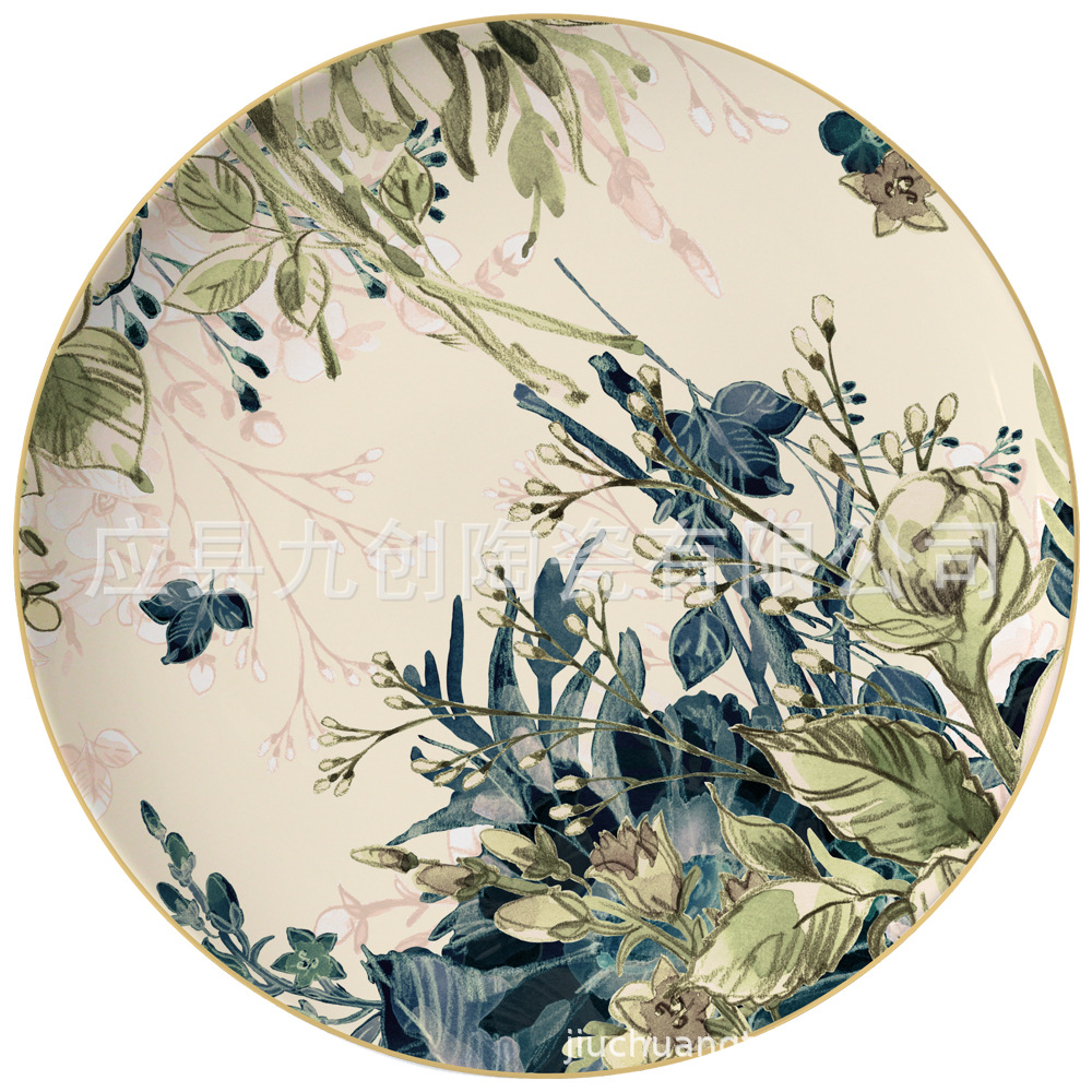 Plato de cerámica estilo chino, plato creativo retro floral de estilo occidental con borde dorado, plato de repostería de estilo occidental