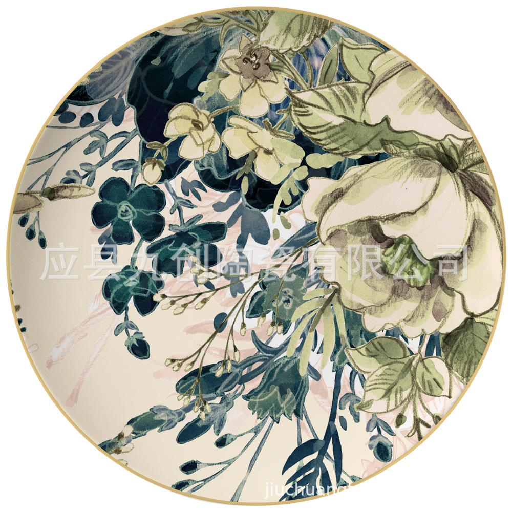 Plato de cerámica estilo chino, plato creativo retro floral de estilo occidental con borde dorado, plato de repostería de estilo occidental