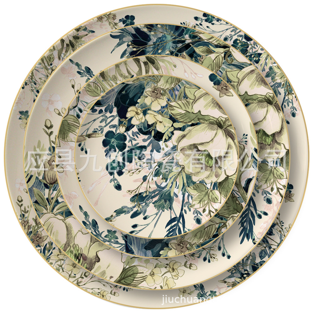 Plato de cerámica estilo chino, plato creativo retro floral de estilo occidental con borde dorado, plato de repostería de estilo occidental